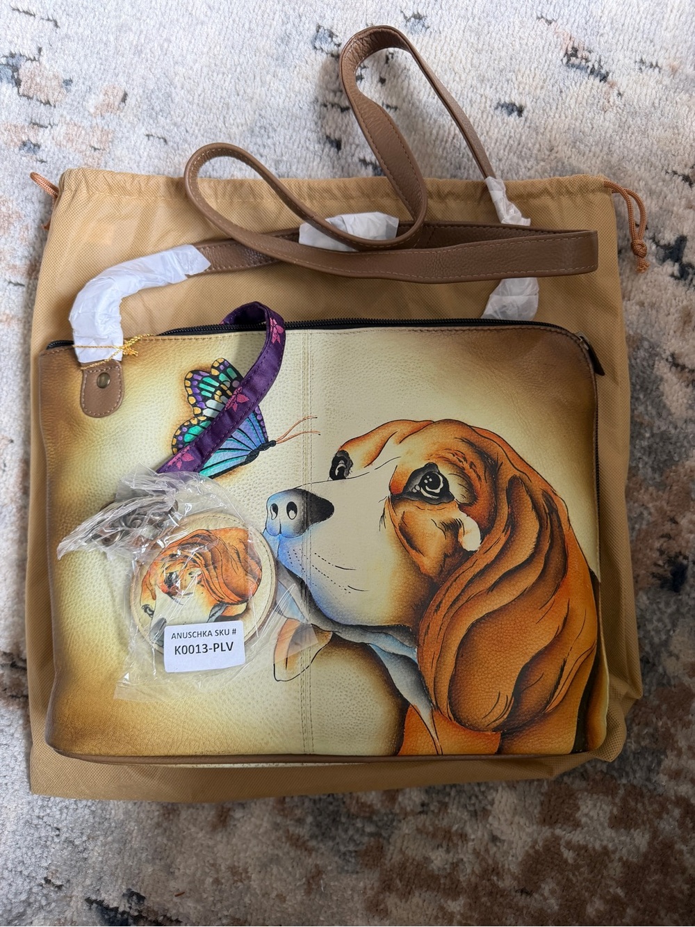 Anuschka Hand-Painted Dog Tote in Brown and Tan